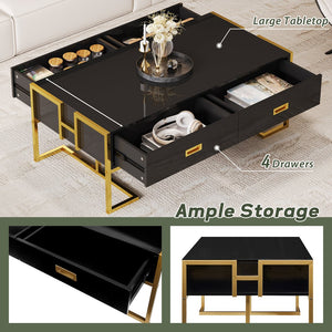 English Elm Modern 47.3" Black Rectangular Coffee Table with Gold Metal Base, 4 Spacious Drawers, Durable Design N735P305626B