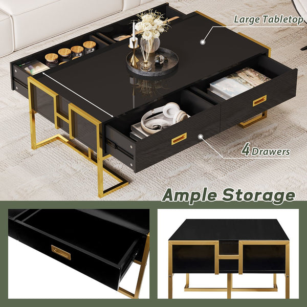 English Elm Modern 47.3" Black Rectangular Coffee Table with Gold Metal Base, 4 Spacious Drawers, Durable Design N735P305626B