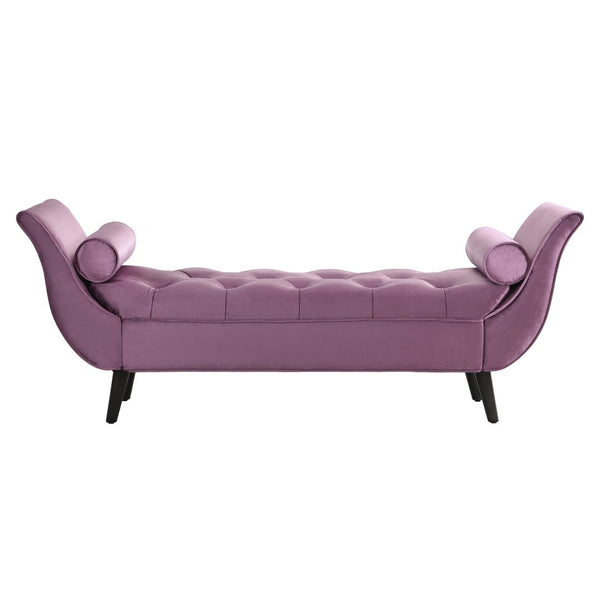 English Elm Upholstered Velvet Tufted Bench with Bolster Pillows Solid Oak Legs Bedroom Entryway Purple N761P304407P