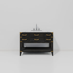 English Elm Black Oak Single Bath Vanity With Carrara Marble Top, Chrome Faucet & Ample Storage Space, 48" W B2731P261023