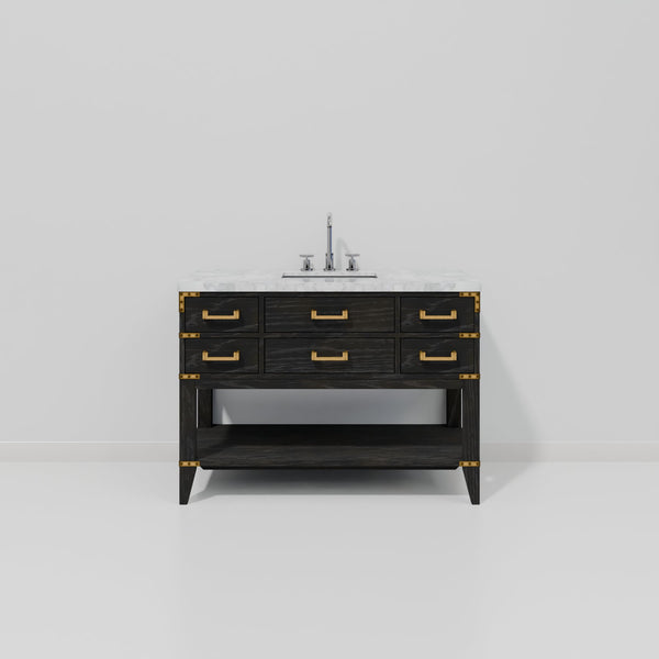English Elm Black Oak Single Bath Vanity With Carrara Marble Top, Chrome Faucet & Ample Storage Space, 48" W B2731P261023