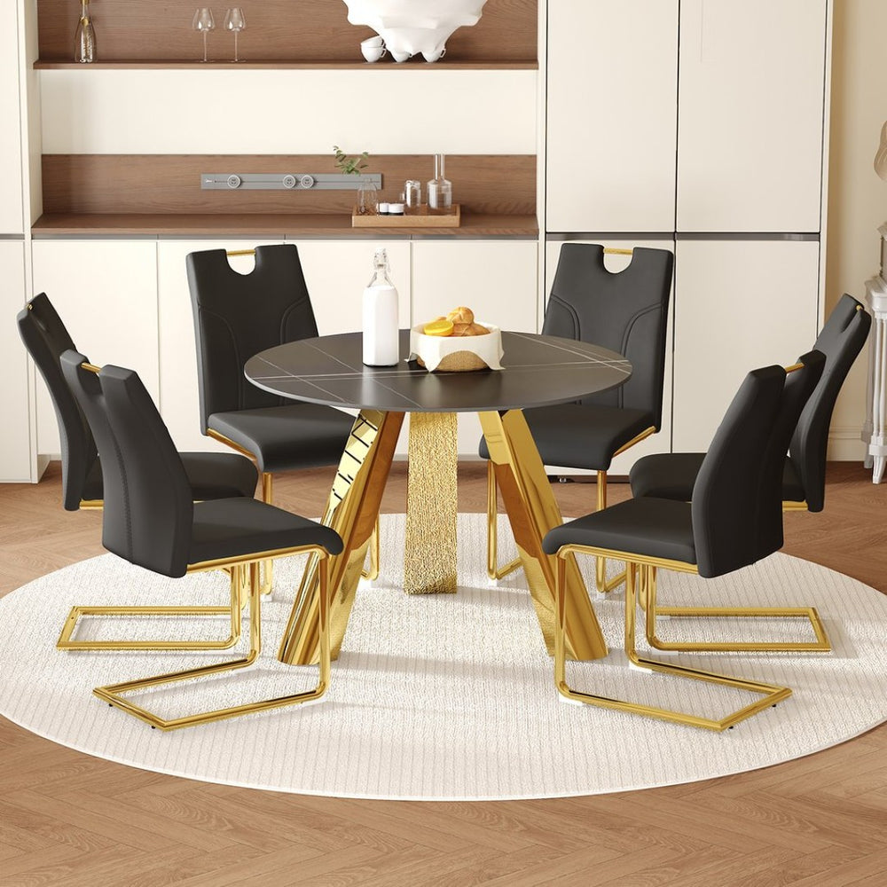 English Elm Table And Chair Set - Luxurious 42-Inch Round Sintered Stone Table With 6 Ergonomic Black Chairs W2920S00044-GIGA