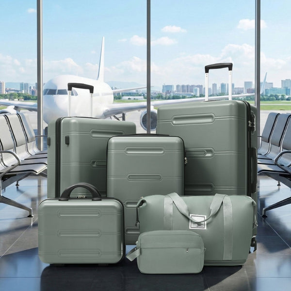 English Elm 6 Piece Hardshell Abs Travel Set with Spinner Wheels Combination Lock and Toiletry Bag Army Green N732P391465F
