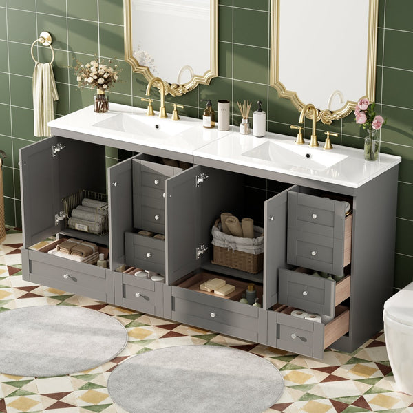 English Elm 72 Shaker Bathroom Vanity 72" Double-Sink Freestanding with Ceramic Basin, Soft-Close Drawers & Doors Grey N729P000010E