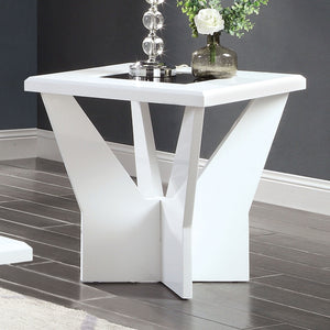 English Elm White glossy end table with geometric base and black tempered glass insert for modern statement decor White 27 L x 34 W x 6 H B2741P360140
