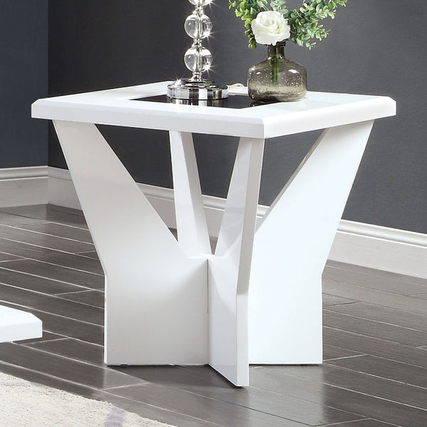English Elm White glossy end table with geometric base and black tempered glass insert for modern statement decor White 27 L x 34 W x 6 H B2741P360140