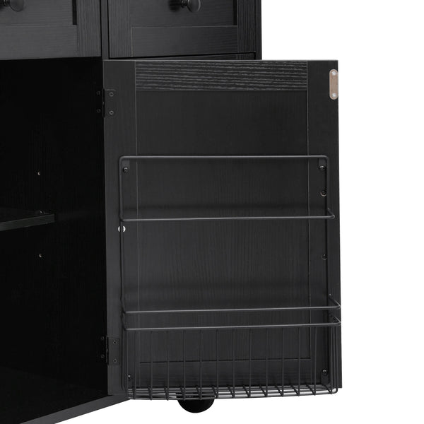 English Elm K&K 46.5'' Farmhouse Kitchen Island Cart with Beaded Drapes, Drop Leaf, Power Hub, Ample Storage Black N707P254872B