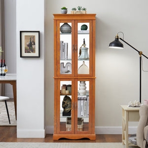 English Elm Lighted Glass Curio Cabinet With Adjustable Shelves, Elegant Oak Frame & Integrated Lighting For Showcasing Collectibles W2275P178797