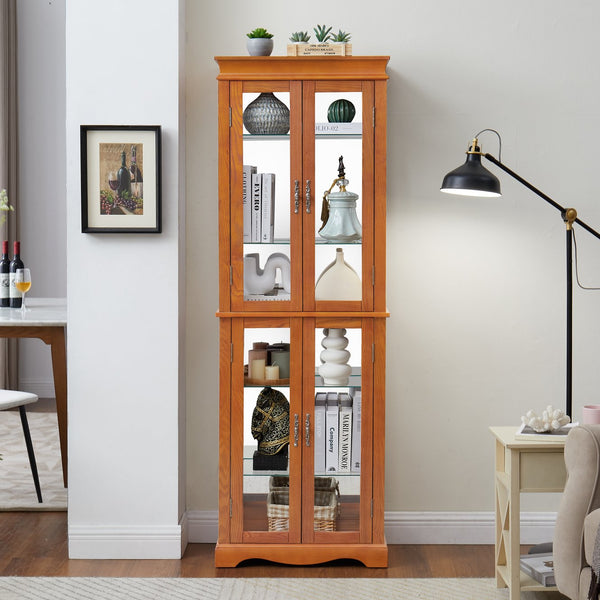 English Elm Lighted Glass Curio Cabinet With Adjustable Shelves, Elegant Oak Frame & Integrated Lighting For Showcasing Collectibles W2275P178797
