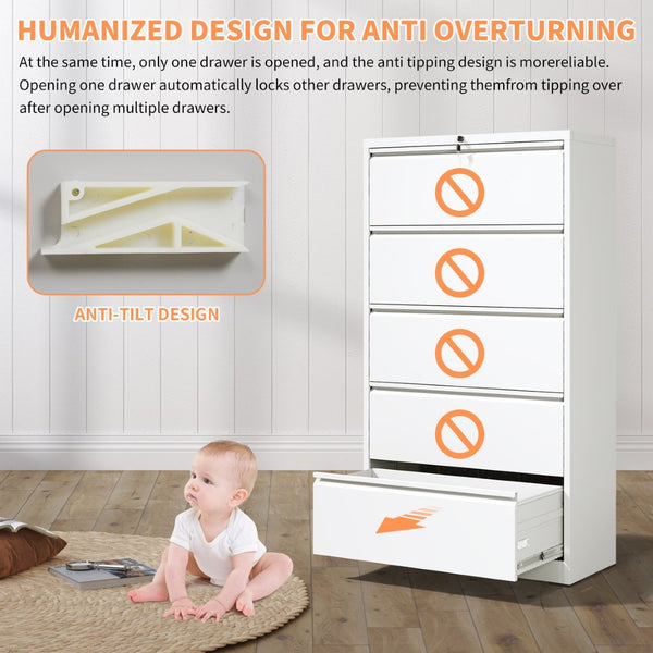 English Elm 5 Drawer Steel Lateral Filing Cabinet Lockable Home Office Organizer Matte Finish White T2398S00006