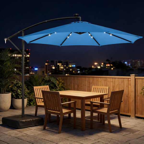 English Elm Garden Cantilever Patio Umbrella with Solar Led Lights and Upf30 Polyester Canopy Lake Blue T3971P481988