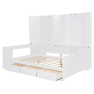 English Elm Full Size Wooden Daybed With Versatile Workspace, Three Storage Drawers, And Adjustable Shelves N820S00055K
