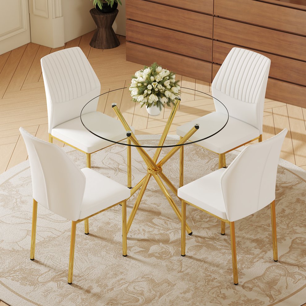 English Elm 4-Piece Modern Luxe Dining Set With Round Glass Table & Elegant White-Gold Chairs For Stylish Interiors W1151S03685