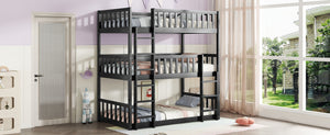 English Elm Twin Triple Rubberwood Bunk Bed with Ladders & Guardrails, Space-Saving Modular Design for Families Black W504S00173