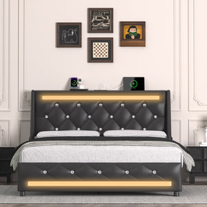 English Elm Full Bed Frame with Headboard and RGB LED Lighting, Built-In Charging Station, Silent Slats Support Black T3825P387373
