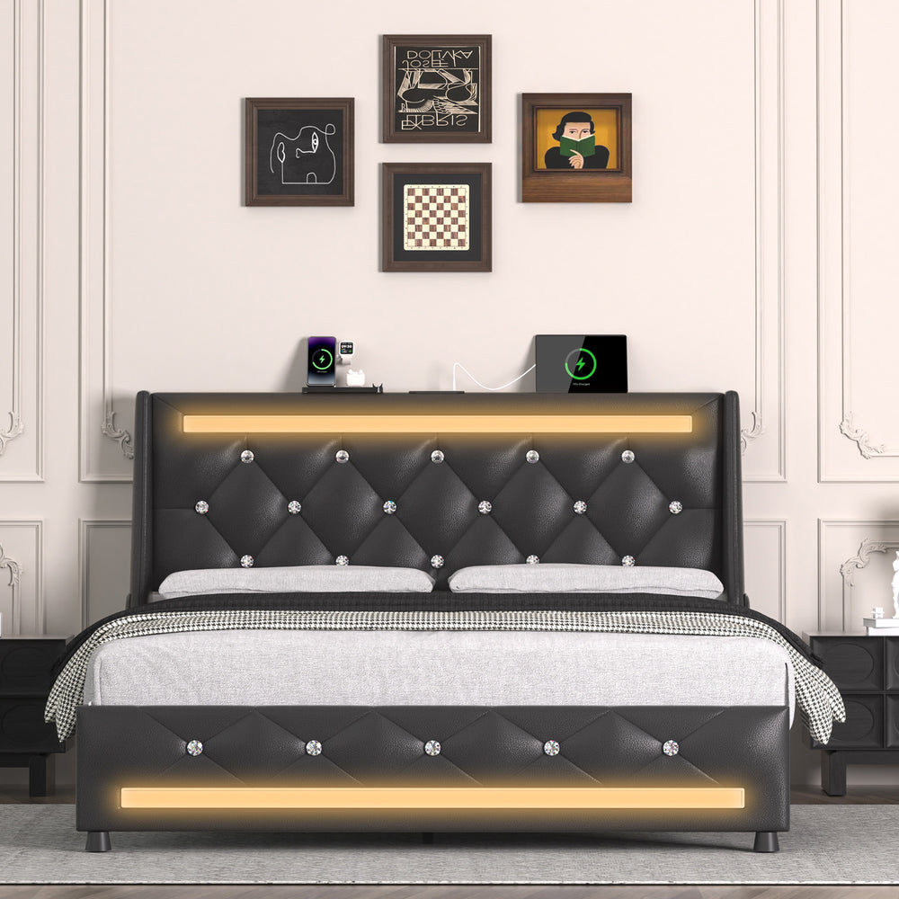 English Elm Queen Smart Bed Frame with Headboard, RGB LED Ambience, Built‑in Charging Ports, Sturdy Slats and Silent Design Black T3825P387380