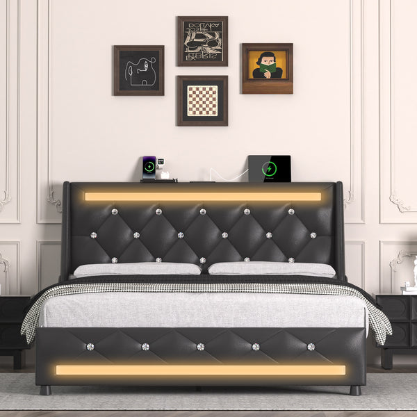 English Elm Queen Smart Bed Frame with Headboard, RGB LED Ambience, Built‑in Charging Ports, Sturdy Slats and Silent Design Black T3825P387380