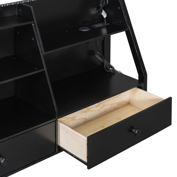 English Elm Full Bunk Bed with App Led Lighting Usb Charging Storage Drawers Kids Bedroom Black N820S00080B