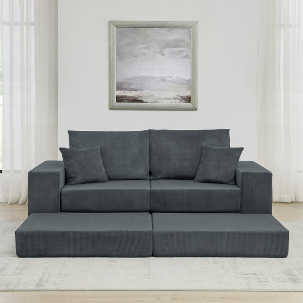 English Elm Modular Cloud Sectional Sofa with Corduroy Upholstery, Deep-Seat Sleeper Loveseat, Removable Ottoman, No-Assembly Comfort and Customizable Configuration Grey W1117P357546