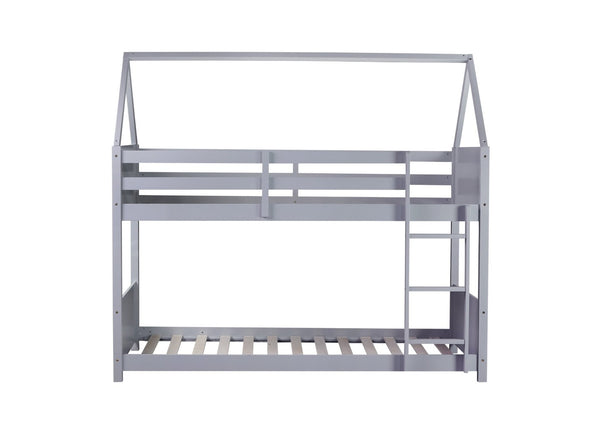 English Elm Twin Over Twin House Floor Bunk Bed With Safety Guardrails, Ladder & Playful Grey Design For Kids W504P314948-GIGA
