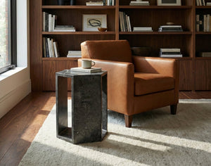 English Elm Genuine Solid Marble Hexagonal Pedestal End Table Polished Stone for Modern Living Dark Gray W1696P408001