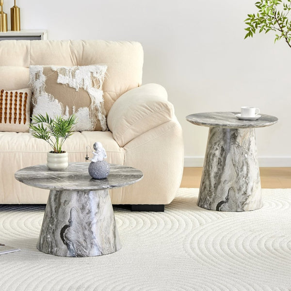 English Elm Nested Round Coffee Table Set with Wood Grain Mdf Top for Modern Living Rooms Grey W2920S00117