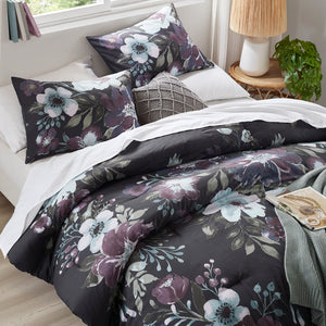 JLA Home Madison Park - 3 Cotton Printed Comforter Set with Dark Grey & Plum Floral Design, Breathable 100% Cotton Face, Machine Washable Elegance 92 L x 104 W x 1.5H MP10-8491
