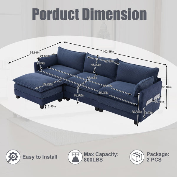 English Elm United We Win Modular Corduroy Sectional with Ottoman Low Profile Living Room Couch Navy W1568S00261
