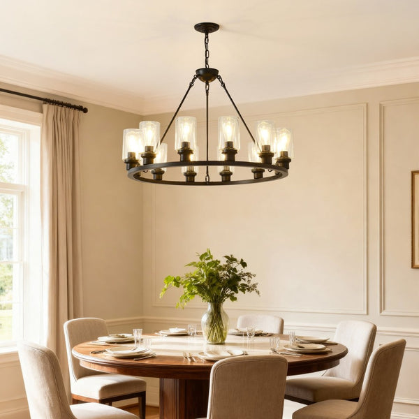 English Elm 9-light Matte Black Wagon Wheel Chandelier Seeded Glass Farmhouse Dining Room W5008P392768