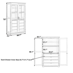 English Elm Topmax Solid Pine Pantry Cabinet with Glass Doors Four Drawers Farmhouse Storage Natural SP000086AAA