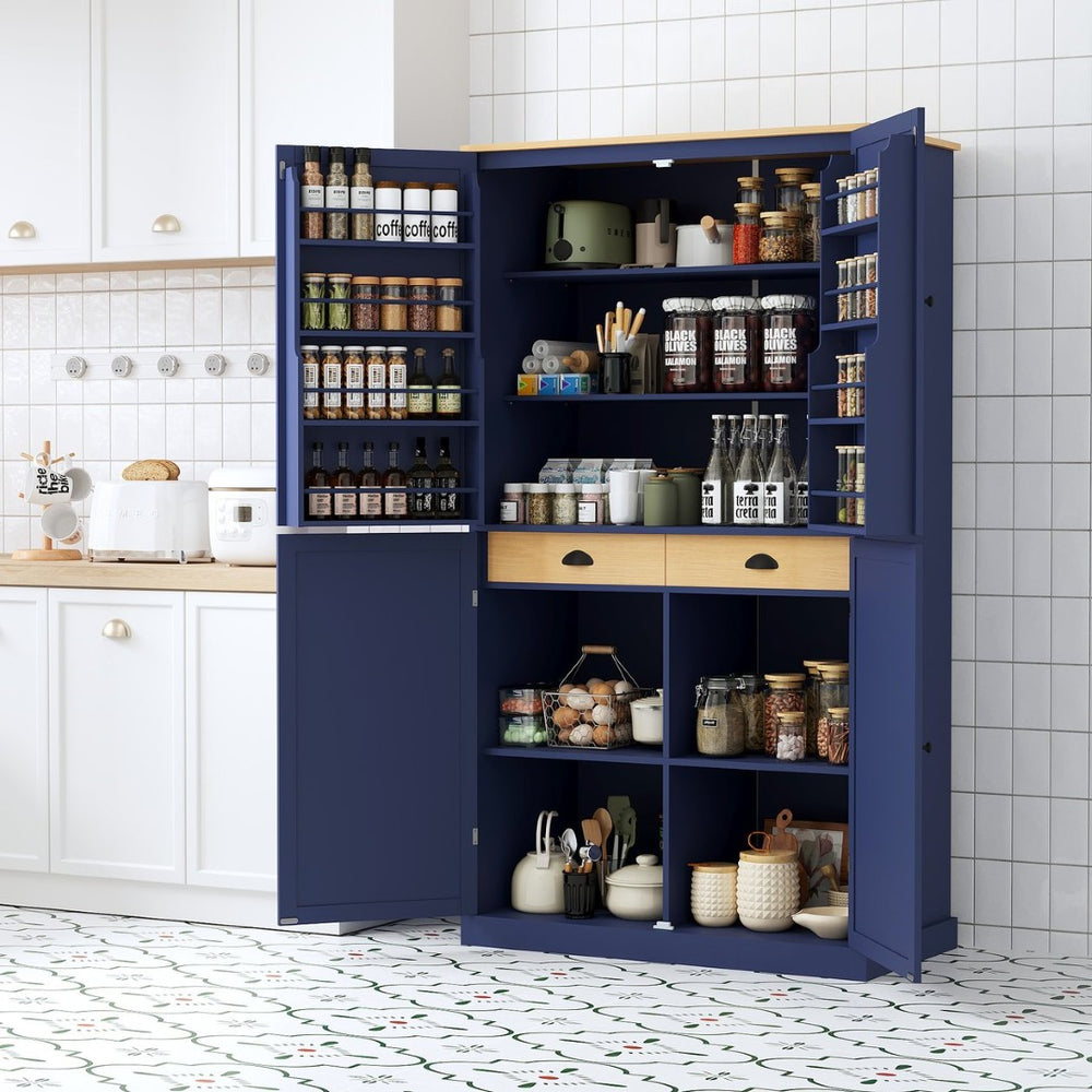 English Elm Topmax Freestanding Pantry Cabinet with Drawers Adjustable Shelves Kitchen Blue N717S000046C