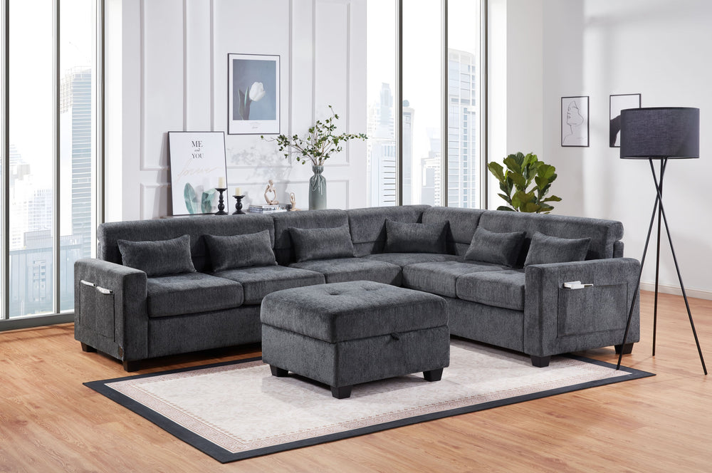 English Elm Trey 115"W Gray Chenille Sectional Sofa with Adjustable Backrests, USB Charging, Pockets & Ottoman B061S00878