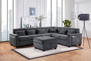 English Elm Trey 115"W Gray Chenille Sectional Sofa with Adjustable Backrests, USB Charging, Pockets & Ottoman B061S00878