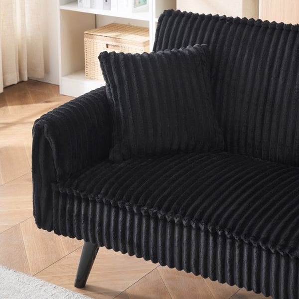 English Elm Minimalist Corduroy Reclining Sofa with Convertible Flat Sleeper and Cup Holder Black W3356P421777