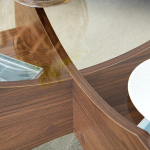 English Elm Round Tempered Glass Coffee Table with Fan Pedestal Base for Modern Living Rooms Transparent,Walnut W1151P256004