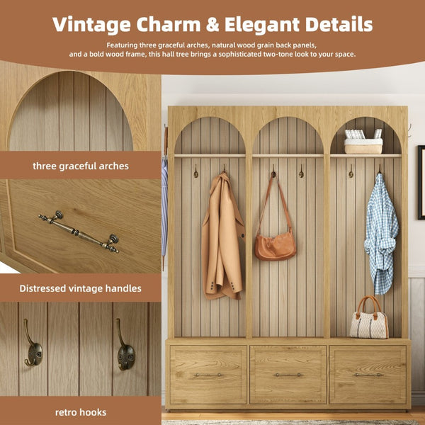 English Elm Farmhouse Hall Tree with Triple Arch Back Panel Eight Hooks Drawers and Entryway Bench N721S000071L
