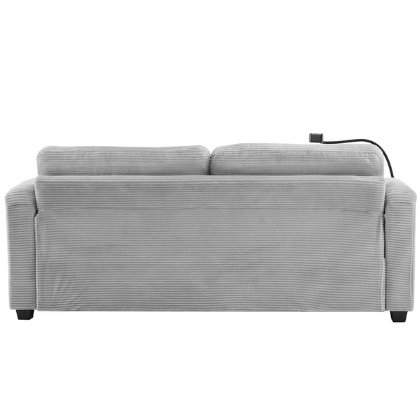 English Elm 72.8" Corduroy Sleeper Sofa Loveseat with Full Mattress, USB Charging, Cup Holders, Storage Pockets Grey N719P208880E