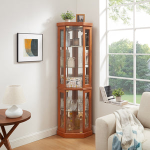 English Elm Lighted Corner Curio Cabinet - Elegant Dark Oak Display Case For Collectibles, Glassware & Decor W1758P300106
