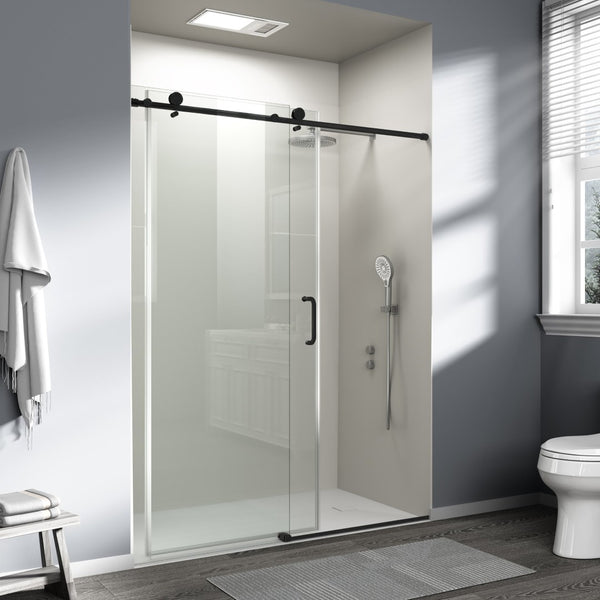 English Elm 56" Frameless Single Sliding Shower Door Tempered Glass Walk-in Bath Enclosure Matte Black W1573P342101