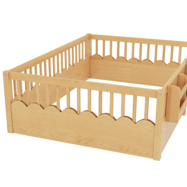 English Elm Twin Low Profile Kids Floor Bed Pine Wood Frame with Safety Rail and Built in Bookshelf Natural W1580P373141