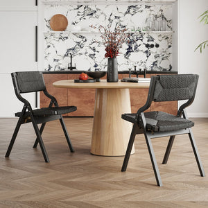 English Elm Wood Foldable Dining Chair Set of 2 with Woven Rattan Seat, Teak Finish, Comfortable Padded Design Black T3623P380481