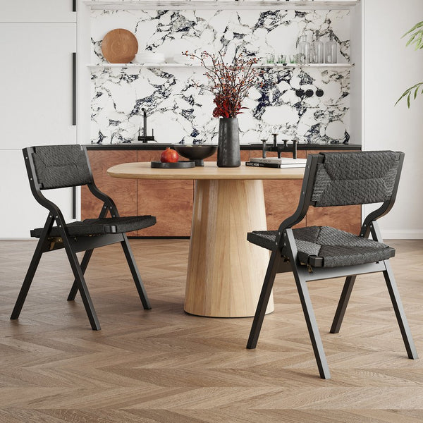 English Elm Wood Foldable Dining Chair Set of 2 with Woven Rattan Seat, Teak Finish, Comfortable Padded Design Black T3623P380481