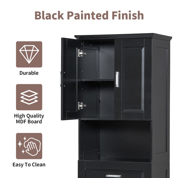 English Elm Tall Bathroom Cabinet with Tilt-Out Laundry Hamper, Adjustable Shelves, Anti-Tip Design & Large Storage Black WF323481AAB