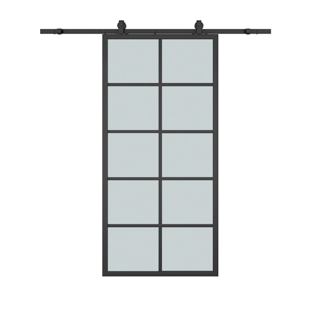 English Elm 30 in Matte Black Steel Sliding Barn Door Frosted Glass Privacy Panel with Hardware B2763P483219