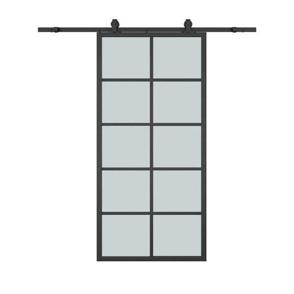 English Elm 30 in Matte Black Steel Sliding Barn Door Frosted Glass Privacy Panel with Hardware B2763P483218