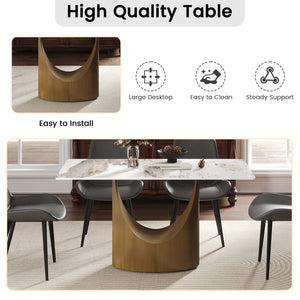 English Elm 55.12"Modern Sintered Stone Dining Table with Bronze Iron Legs — Sleek Rectangular Top, Seats 6, 400 lb Capacity Antique Brass,White W1535S00556