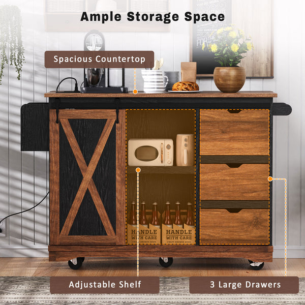 English Elm K&K 55.5" Farmhouse Kitchen Island with Sliding Barn Door, Drop Leaf, Charging Station, Wheels Black N707P288229B