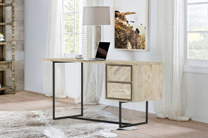 English Elm Yaluna 2 Drawer Desk Natural Acacia Wood with Geometric Inlay, Durable Hardwood, Ample Storage, 58” B2736P354391