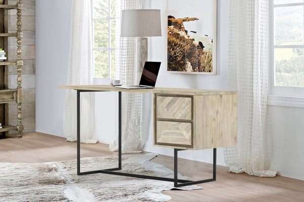 English Elm Yaluna 2 Drawer Desk Natural Acacia Wood with Geometric Inlay, Durable Hardwood, Ample Storage, 58” B2736P354391