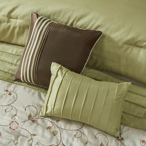 JLA Home Madison Park - Embroidered 7-Piece Comforter Set with Dupioni Sheen, Color-Blocked Taupe & Chocolate Accents, Floral Embroidery Green MP10-636